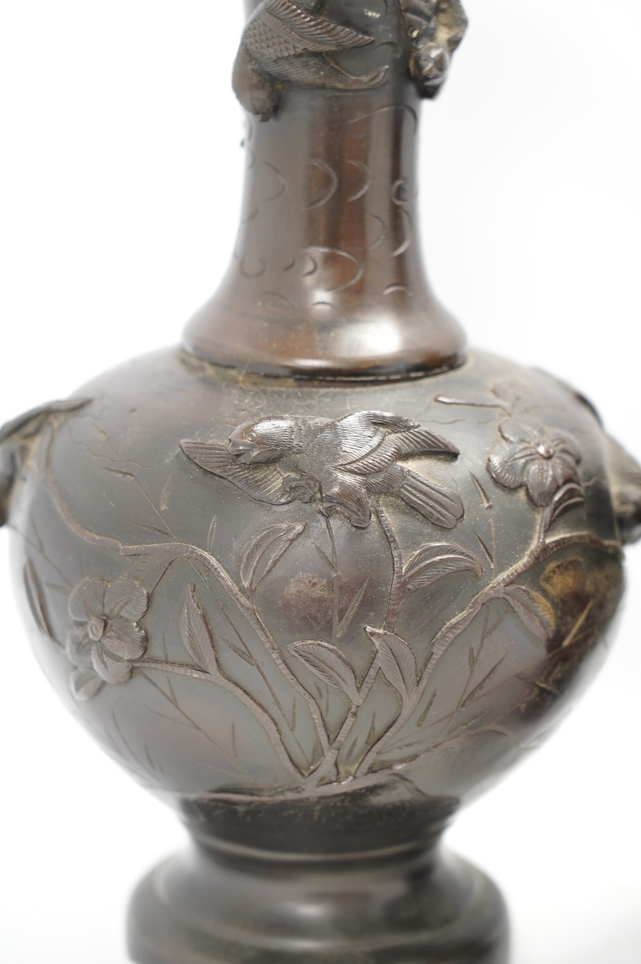 A pair of Chinese bronze vases, 31cm high. Condition - poor